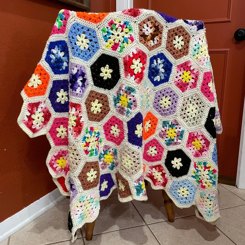 Boho Cottagecore Vintage Handmade Crochet Granny Square Blanket Hexagon 54x54